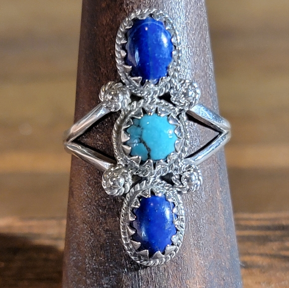 Vintage Jewelry - Native Turquoise Gemstone Lapis Ring 7.5 Sterling Silver Boho Size Womens Gypsy